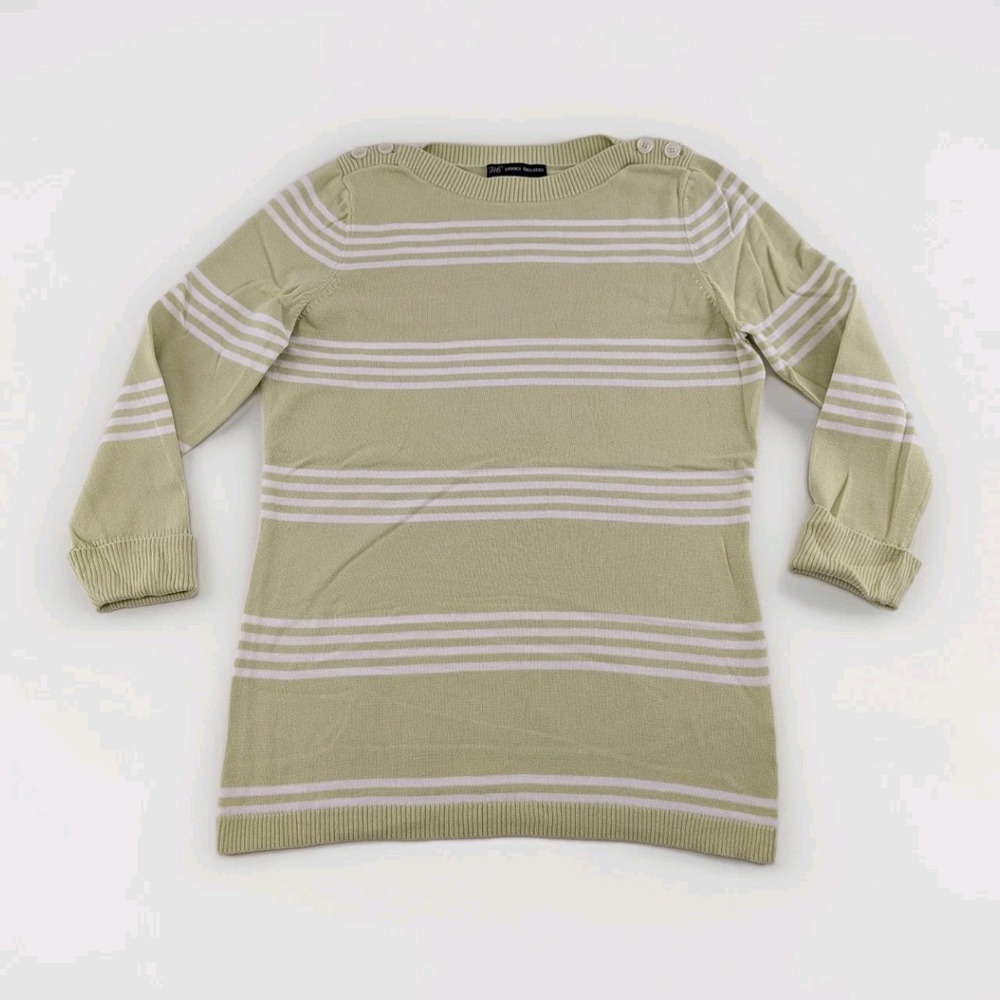 Brooks Brothers 346 Sweater M Green White Stripe Cotton Button Shoulder‎